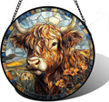 Stained Glass Window Hanging - Funny Cow Flower Suncatcher Ready to Hang Window Doors Home Decoration and Christmas, Mother's Day Birthday Gifts for Women, Men, and Mom 6.3x6.3 in