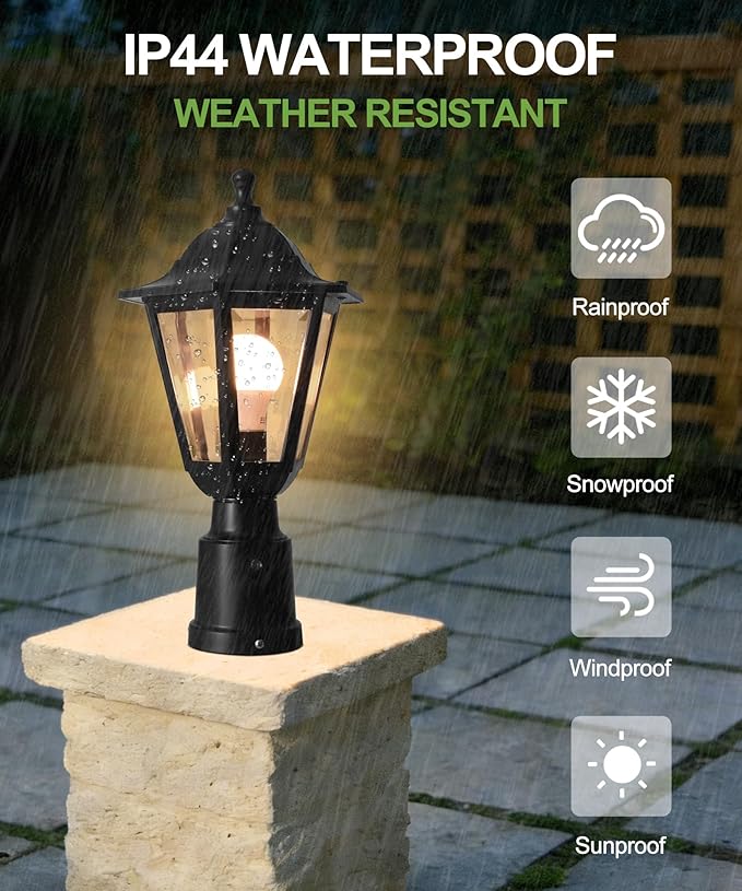 FUDESY Dusk to Dawn Sensor Outdoor Post Light, Waterproof Pole Lantern with Pier Mount Base, Exterior Plastic Lamp Light Fixture, for Garden, Patio, Pathway, Black, Bulb Included