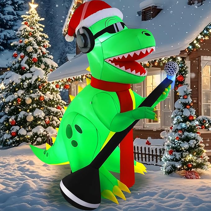 TCFUNDY 6.5FT Christmas Inflatable Dinosaur Singing Outdoor Patio Decoration, Giant Dinosaur with Built-in Bright LED Lights for Christmas Holiday Garden Lawn Decoration