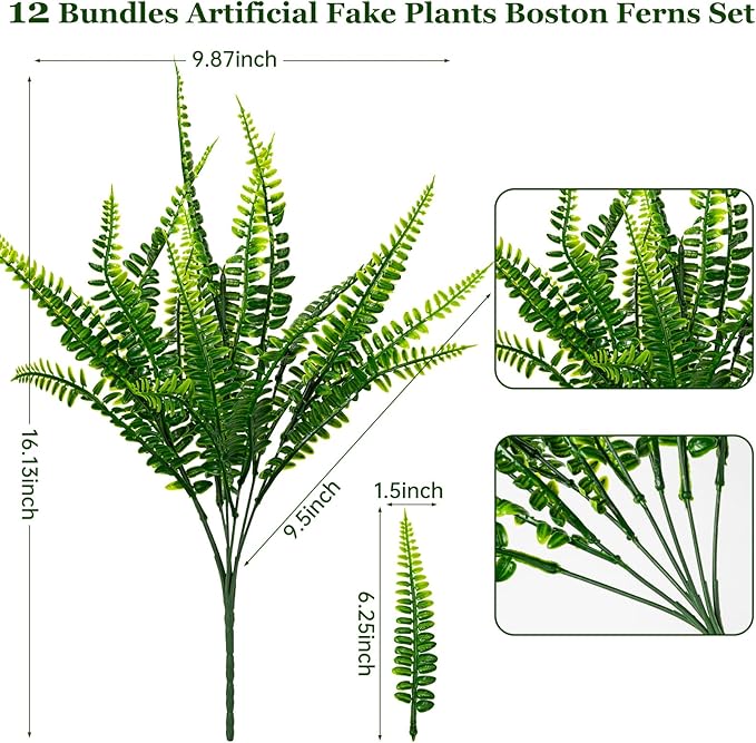 12 Bundles Artificial Fake Plants for Outdoor Faux Boston Fern for Home Decor UV Resistant Fake Plants Greenery for Front Porch Planter Indoor or Outdoor (Green)