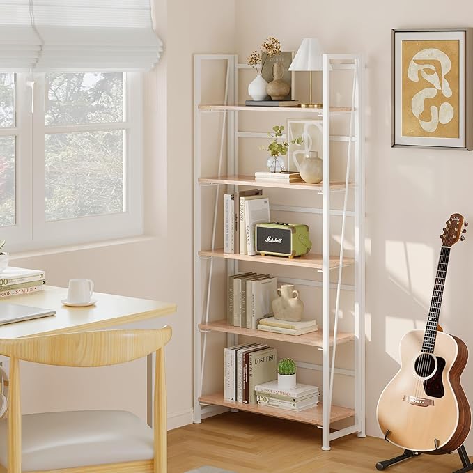 BHG Vintage Multifunctional Folding Bookshelf, No-Assembly Plant Stand Storage Rack Shelves for Home Office (White, 5-Tier)