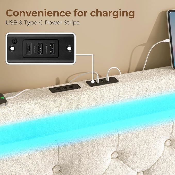 Rolanstar Queen Bed Frame with 4 Storage Drawers and Charging Station, Queen Bed with Led Lights, 2 USB & 1 Type C, Adjustable Headboard 38.9/40.10 Inches, No Box Spring Needed, White