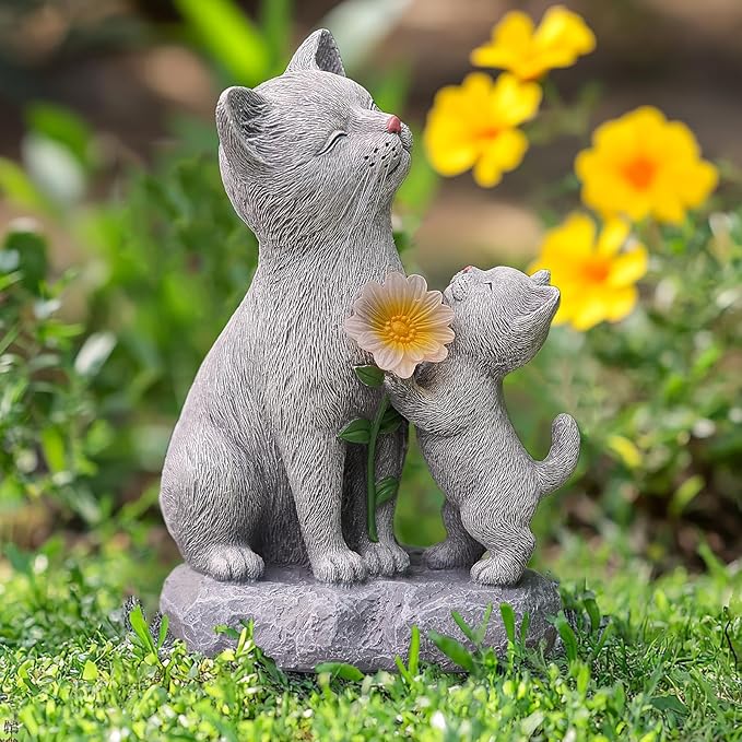 Solar Cat Garden Statue Outdoor Decor - Mother & Kitten Figurines with Flower LED Light, Outside Yard Art Patio Balcony Lawn Ornament, Unique Gifts for Cat Lover