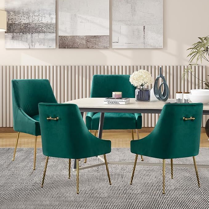 Velvet Dining Chairs Set of 2, Furniture Collection Modern Contemporary Upholstered with Polished Gold Metal Legs(Green)