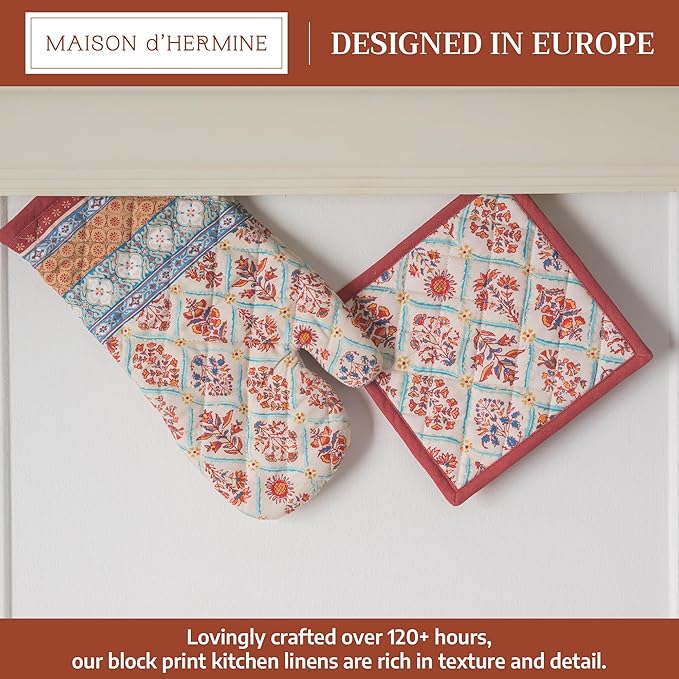 Maison d' Hermine 100% Cotton Oven Mitt & Pot Holder Set (7.5"x13" & 8"x8") Heat Resistant BBQ Cooking Gloves with Loop for Thanksgiving Christmas Decorations Handling Hot Pans (Romane)