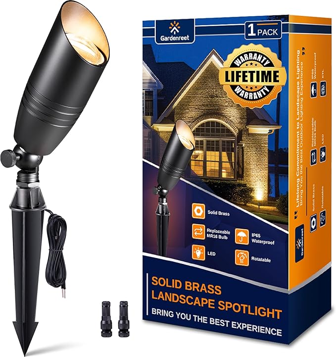 Gardenreet Landscape Spotlights Low Voltage - Brass 12V Outdoor Uplight LED, Wired Spot Lights IP65 Waterproof, Bright Metal Black for Exterior Garden Yard Tree House Without MR16 Bulb