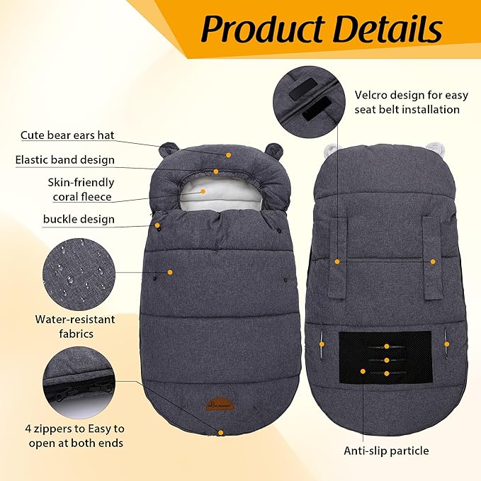 Universal Footmuff for Stroller, Baby Bunting Bags, Winter Windproof Warm Pram Footmuffs, Water Resistant Sleeping Bag with Hood for Strollers, Pushchairs, Prams, Car Seat, 30"*17.5"