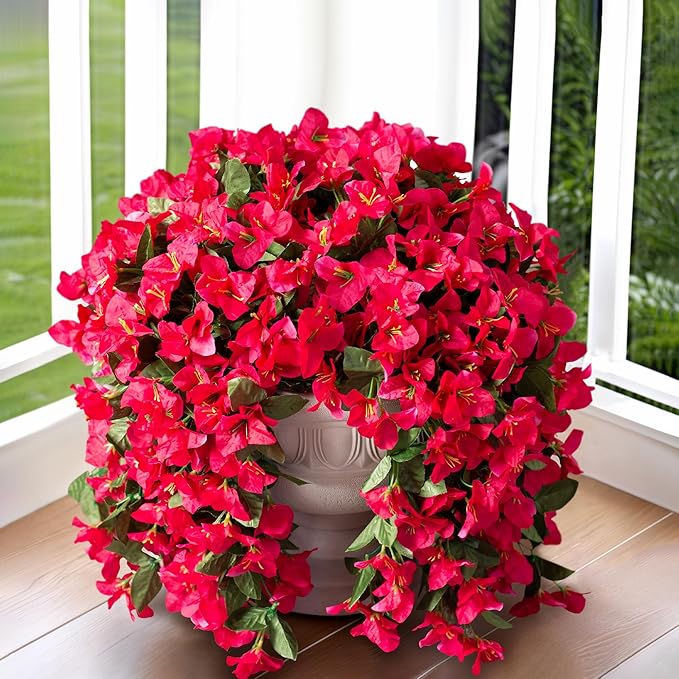 Faux Bougainvillea Artificial Flowers Plants for Outdoors Outside Decoration, 2 PCS Fake Flowers Silk Long Trailing Vines UV Resistant Realistic for Front Door Porch Planter Urn Patio Balcony Hot Pink