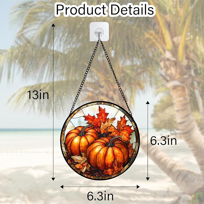 Stained Glass Window Hanging, Pumpkin Maple Leaf Suncatcher for Doors Home Sun Catchers Decoration and Christmas, Mother's Day Birthday Gifts for Women, Men, and Mom 6.3 in