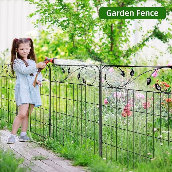 Decorative Outdoor Garden Fence 30in(H) X12ft(L) 6 Panels+7 Stakes Leaf Black Metal Garden Fencing for Landscape Lawn Patio, Temporary Animal Barrier Fences for Dogs