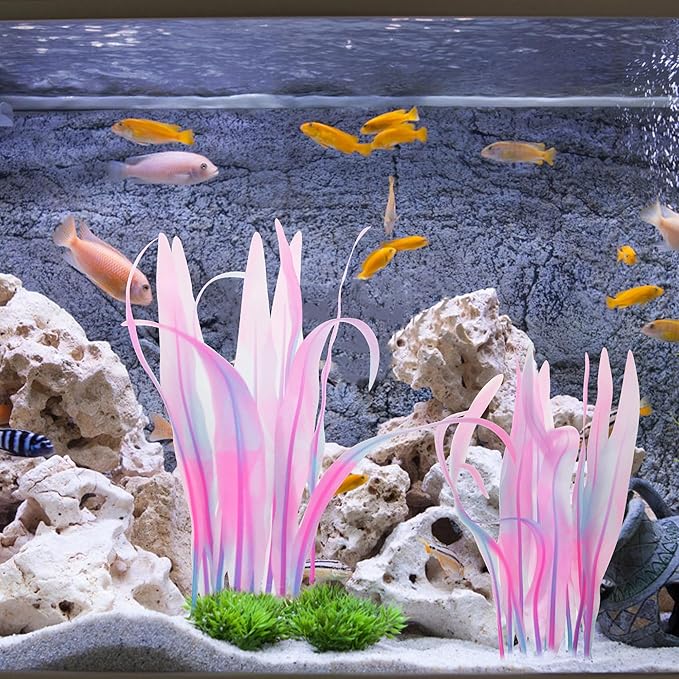 Kaiyuan Dynasty 2pc Aquarium Decor Plastic Plants Fish Tank Artificial Plants Glowing Aquarium Kelp Move with Water Flows Soft Silicone Aquatic Seaweed,7inch,Pink