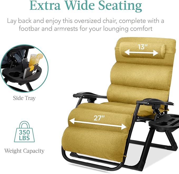 Best Choice Products Oversized Zero Gravity Chair, Folding Outdoor Patio Recliner, XL Anti Gravity Lounger w/Removable Cushion, Cup Holder, Side Tray, 350lb Capacity - Sunflower Yellow