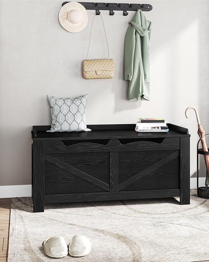 39.4" Storage Bench, Storage Chest, Lift-Top Storage Trunk with 2 Safety Hinges, Wooden Storage Box Chest Organizer for Bedroom, Entryway, Living Room, Black SB04504X