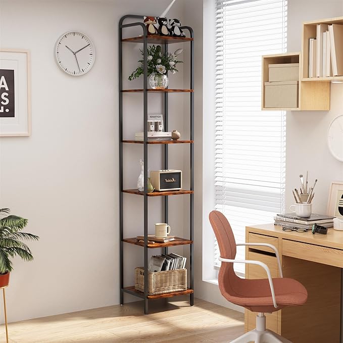 5 Tier Bookshelf, Bookcase with 5 Shelves, Storage Rack Organizer, Corner Wood Storage Shelf with Metal Frame for Bedroom, Living Room (Rustic Brown, 6 Tier)