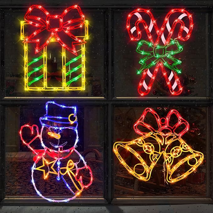 Christmas Decorations - 16" Christmas Window Silhouette Lights - 4 Pack Colour Lighted Gift Box ＆ Snowman ＆ Candy Cane ＆ Bell for Holiday Indoor and Outdoor Wall Door Window Decorate