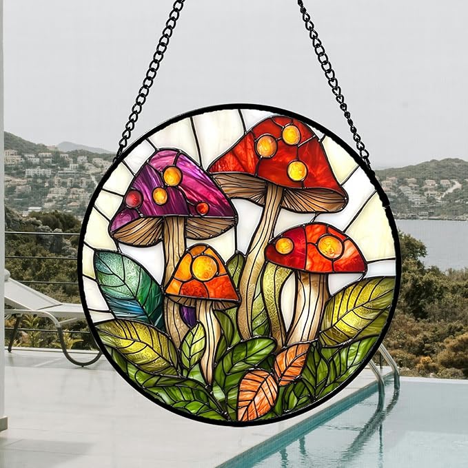 Stained Glass Window Hanging, Mushroom Leaves Suncatcher for Doors Home Sun Catchers Decoration and Christmas, Mother's Day Birthday Gifts for Women, Men, and Mom 14.9x14.9 in