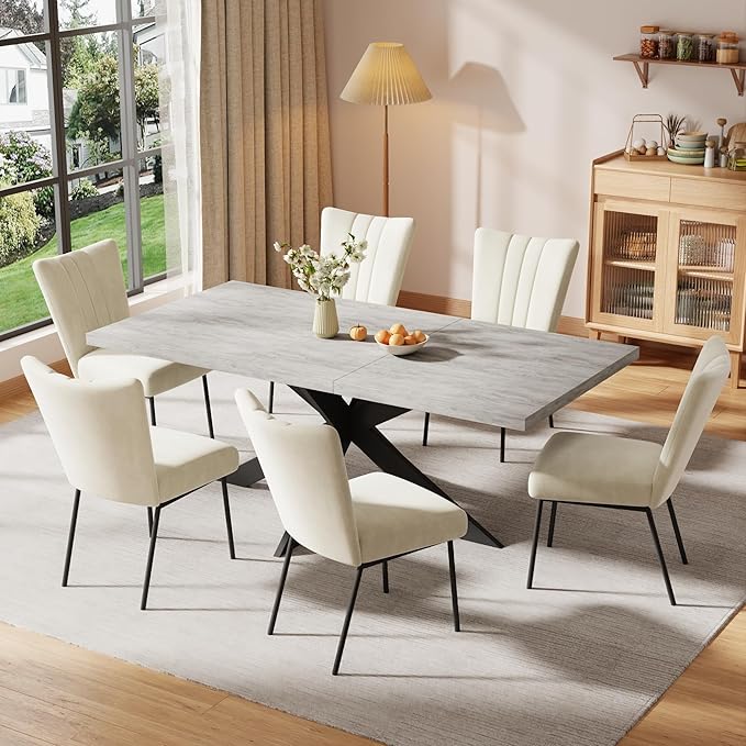ZckyCine 51"-67" Extendable Dining Table Set with 6 Velvet Dining Chairs, Modern Rectangular Kitchen Table Set for 6-8 People, Space-Saving Expandable Dining Table with Metal Frame