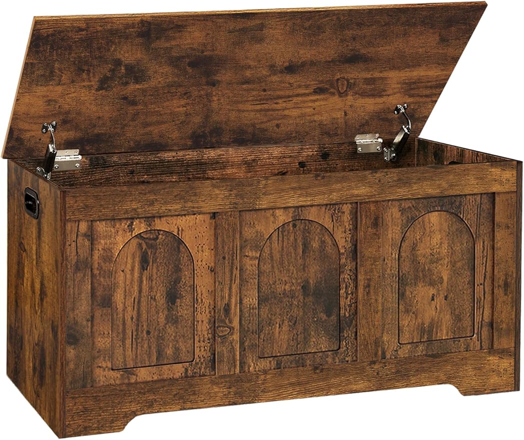DINZI LVJ Storage Chest, 39.4”Wooden Storage Box with 2 Safety Hinges, Entryway Shoe Bench with Flip-Top, Trunk for Living Room, Bedroom, Easy Assembly, Rustic Brown