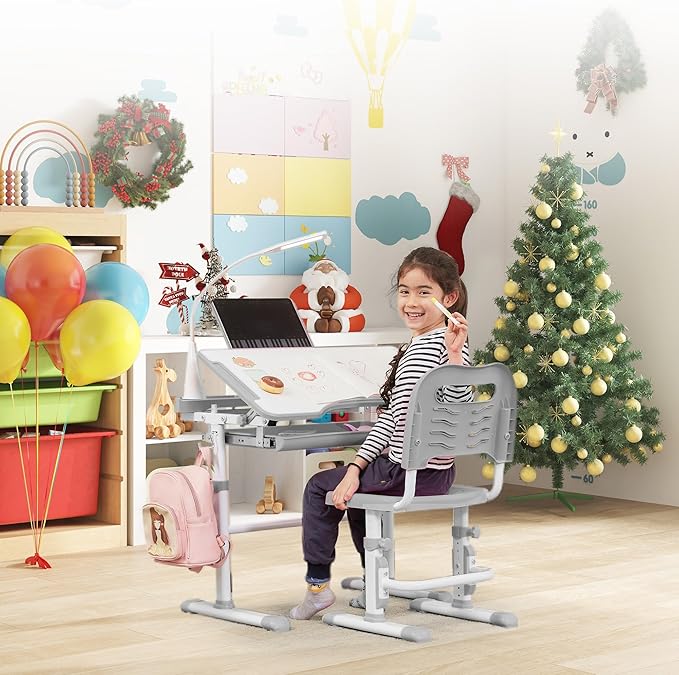Real Relax Kids Desk and Chair Set, Children's Multifunctional School Tables with Tilt Desktop, LED Light, Metal Hook Grey