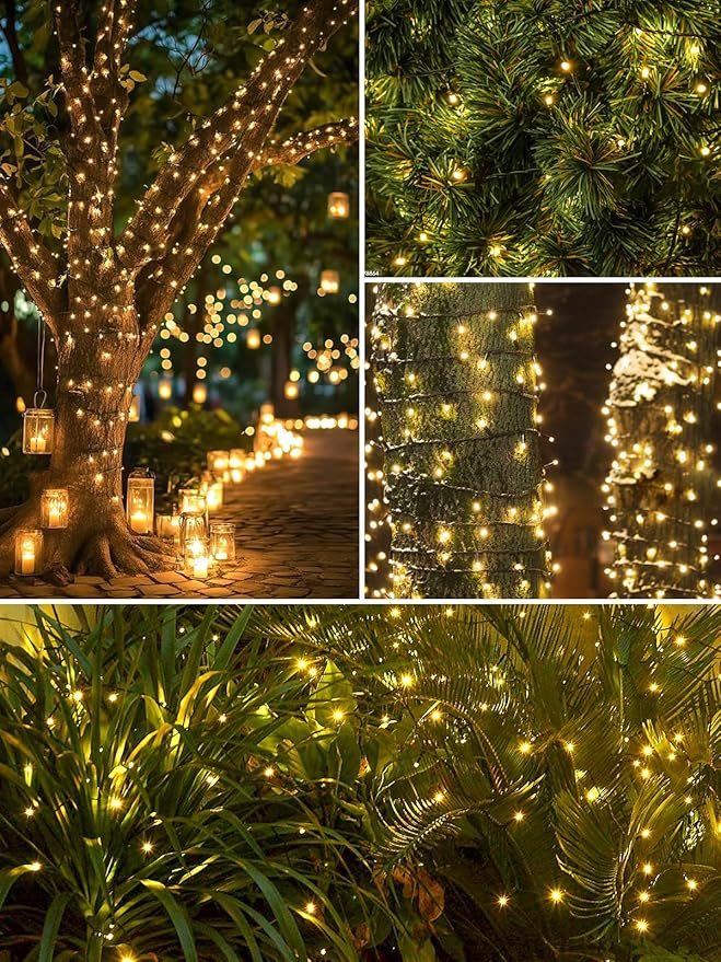 2 Pack 200 LED Solar String Lights for Outside, Solar Christmas Lights Outdoor Waterproof, Solar Outdoor String Light with 8 Lighting Modes for Xmas Tree Wedding Party Garden Decorations (Warm White)