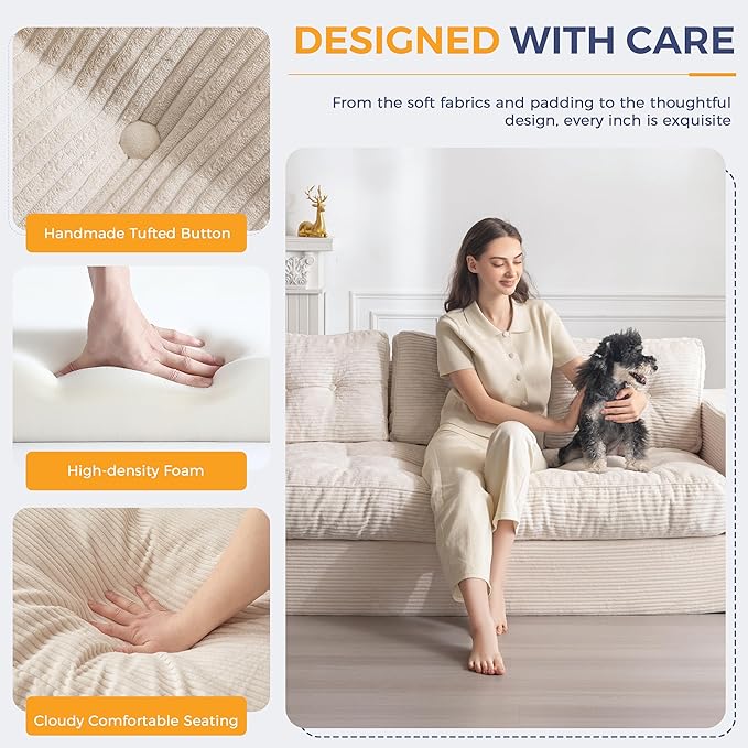 MAXYOYO 3 Seater Couch for Living Room, Boneless Couch with Tufted Cushion & Backrest, Upholstered Floor Sofa with Armrests, Sofa in A Box, No Assembly Required, Beige