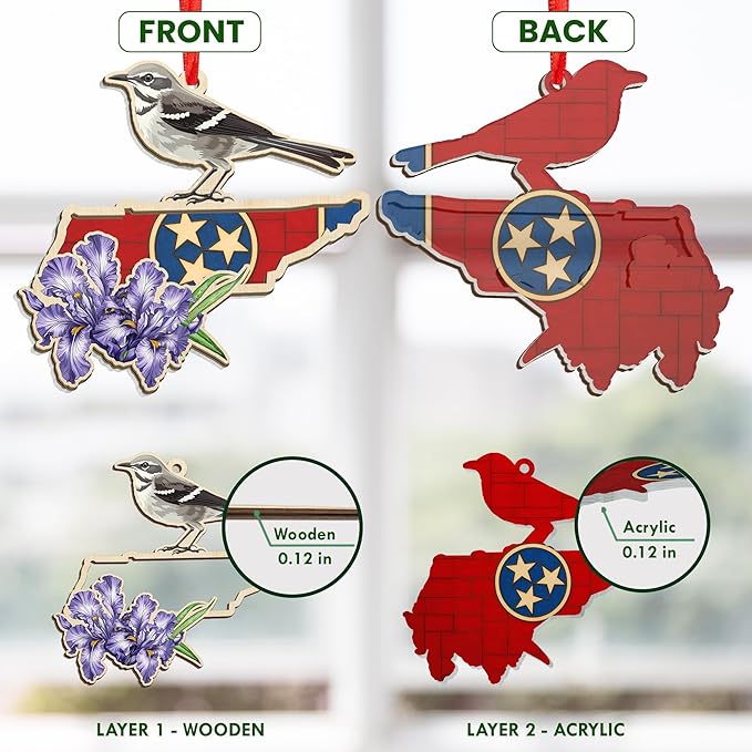 FLAGWIX Christmas Tennessee Gifts for Women Men - Suncatcher Tennessee Christmas Ornaments 2025 - State Ornaments for Tree with Mockingbird and Purple Iris, Xmas Decorations Gifts for Friend Family