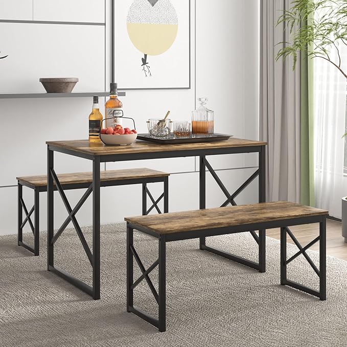 VECELO Kitchen Dining Table Benches Set for 4, 43.3" Wooden Dinette with 2 Benches, Heavy-Duty Dining Room Table for Small Space, Breakfast Nook, Brown