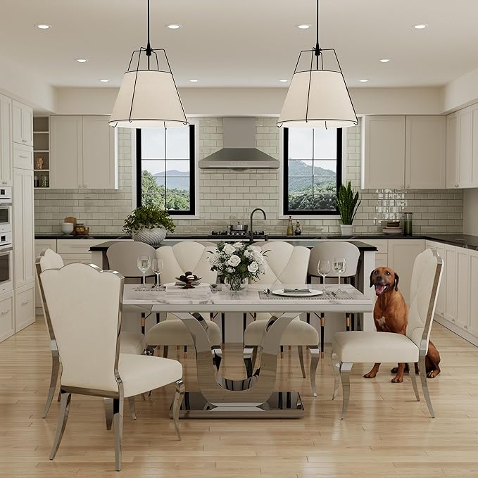 Modern Dining Room Table with Silver Stainless Steel Metal U-Base in White Silver