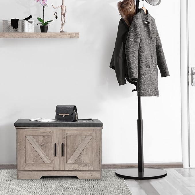 2-Tier Storage Bench, Shoe Bench with Padded Seat Cushion, Entryway Bench with 2 Barn Doors, Adjustable Shelf, 13.8" D x 27.6" W x 17.7" H, for Entryway, Living Room, Bedroom, Greige