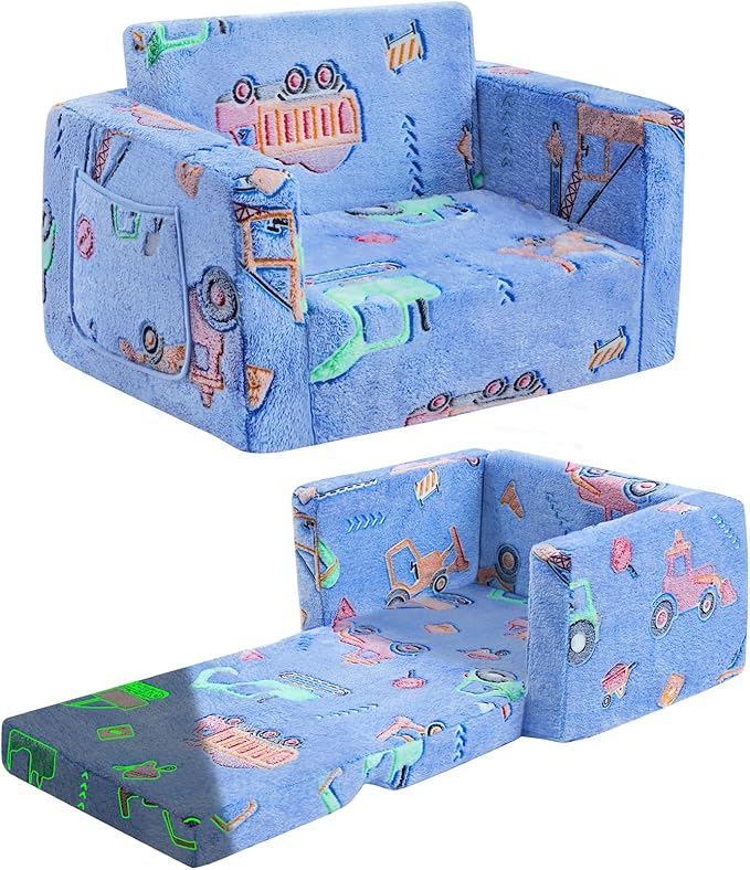 Toddler Chair Comfy,2-in-1 Soft Toddler Couch Fold Out for Kids,Convertible Sofa to Lounger,Gift for Girls and Boys Birthday,Truck