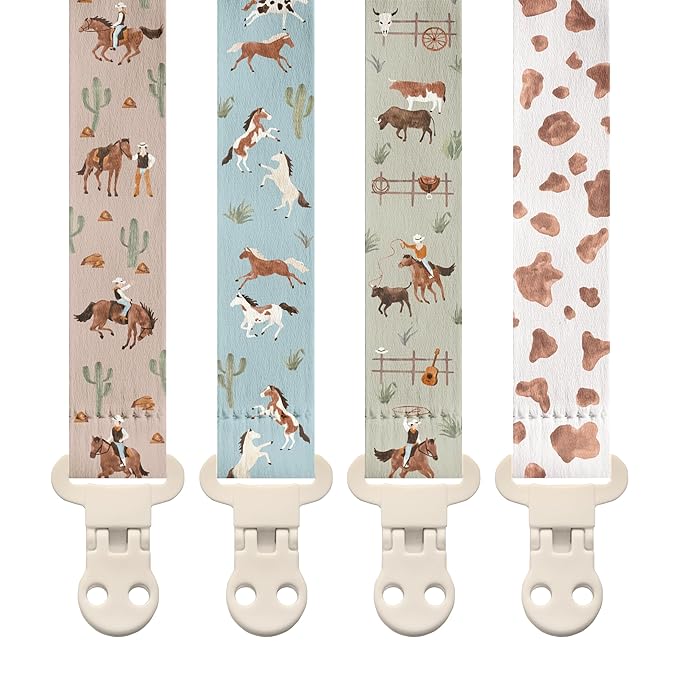 Stadela Baby Fabric Pacifier Clip Holder, Plastic Clip, 4‑Pack, Western Pattern, West Set