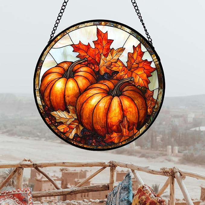 Stained Glass Window Hanging, Pumpkin Maple Leaf Suncatcher for Doors Home Sun Catchers Decoration and Christmas, Mother's Day Birthday Gifts for Women, Men, and Mom 15x15 in