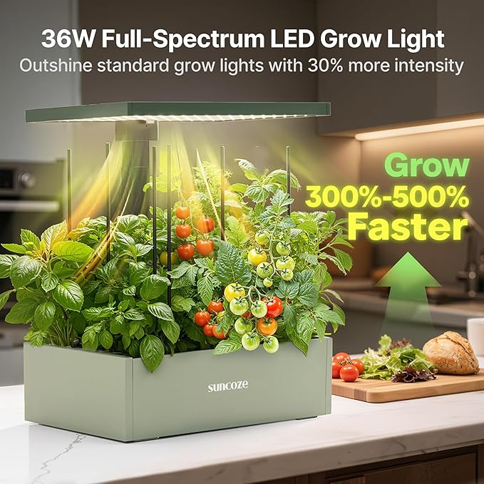SUNCOZE Hydroponics Growing System Kit, 20 Pods Indoor Herb Garden with 10L Water Tank & Adjustable Height 25", 30W LED Grow Light, LCD Display with Veg/Flower Modes, Pump & Low Water Reminder, Green
