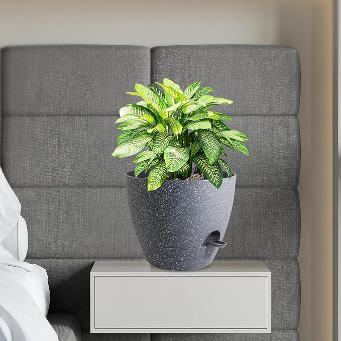 12 inch Large Self Watering Pots, Planter, Plant Pots with Mesh Drainage Holes for Indoor Outdoor House Plants and Garden, Plastic Flower Pots with Deep Reservoir, Speckled Grey