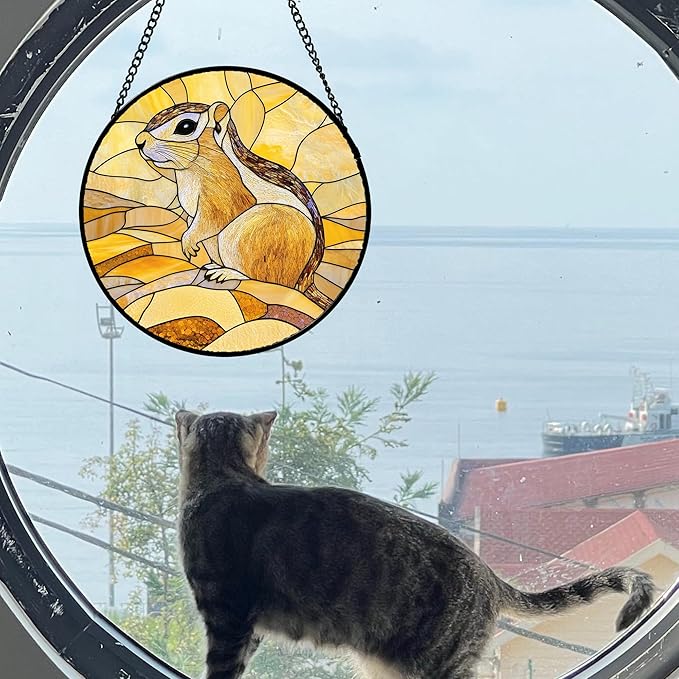 Stained Glass Window Hanging 4 Pcs Set Animals 7.8" - Desert Landscape Yellow Suncatcher Door Garden Sun Catcher Decor Birthday Christmas for Mom Woman Nana Men