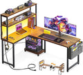 ODK 53 Inch L Shaped Desk with LED Lighting, Reversible Gaming Desk with Power Outlets, Cornor Computer Table with Storage Shelves & Bag & Iron Hook, Home Office Table for Writing, Study, Vintage