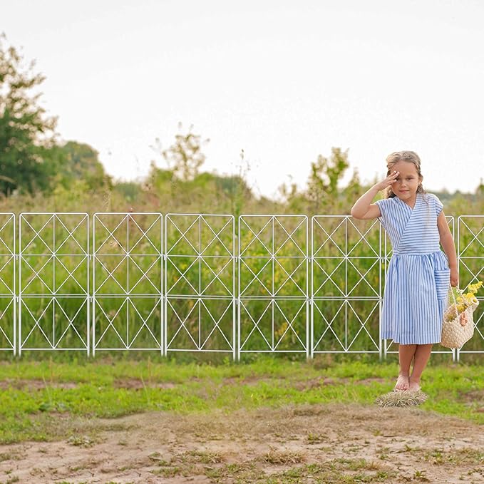 ShopLaLa Decorative Garden Fence (10 Panels) 12.5in(L) x 31in(H) Animal Barrier Fencing Rustproof White Metal Wire Flower Edging for Landscape, Dog Yard Gates Fences Tall No Dig Outdoor Decor D-F30B