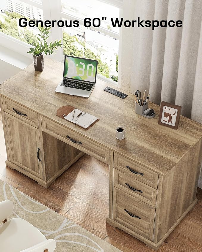 Marsail 60″ Farmhouse Executive Desk, Home Office Desk with Storage Cabinet, Charging Station, Adjustable Shelf, and File Drawer, Rustic Computer Writing Desk for Work & Study, Natural