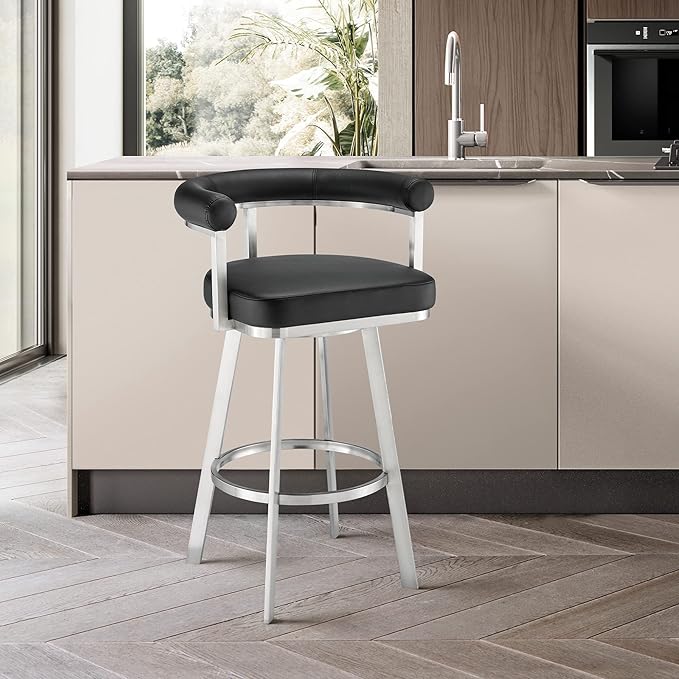 Armen Living Magnolia Swivel Bar Stool in Brushed Stainless Steel with Black Faux Leather