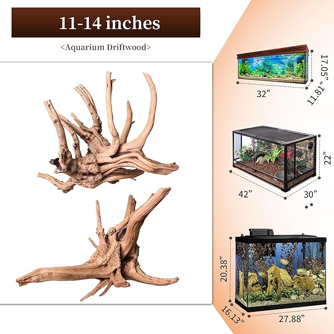 majoywoo Natural Large Driftwood for Aquarium Decor Reptile Decor, Assorted Spider Wood Branch 11-14" 2 Pcs, Fish Tank Decoration