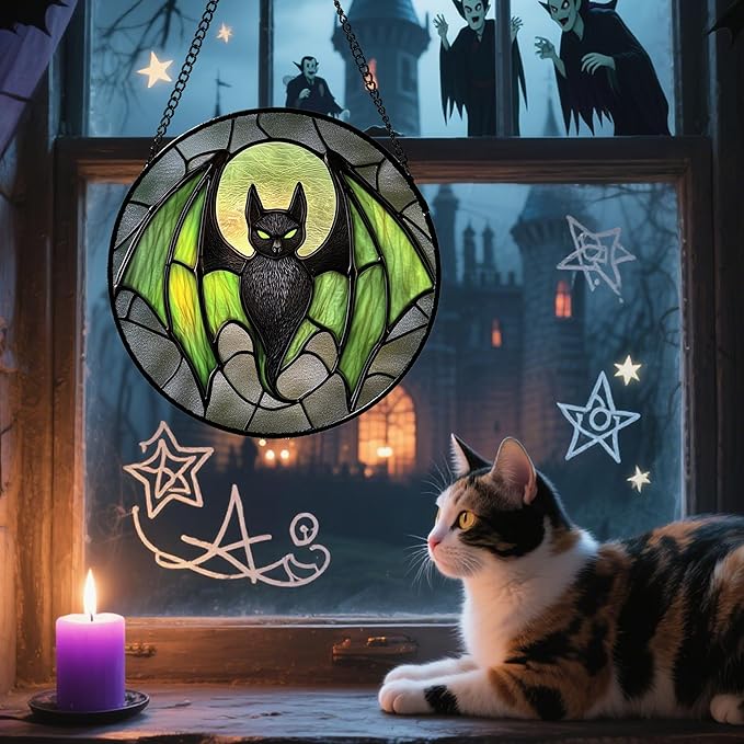 Stained Glass Window Hanging - Halloween Black Bat Green Wings Monster Suncatcher for Doors Garden Home Spooky Sun Catchers Gothic Decor Horror Gift for Women Men Friend Boy Girl 7.8 in