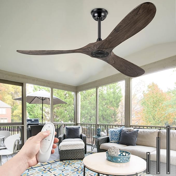 60" Ceiling Fans Without Light, Solid Wood Ceiling Fan No Light with Remote Control and DC Motor, Outdoor Ceiling Fan with 3 Blades, Outdoor fan for Patios - Deep Brown
