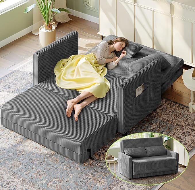 53” Convertible Sofa Bed Couch, Corduroy Couch Bed, 6-Position Loveseat Sleeper Sofa, Love Seat Sleeper Bed 23.6" Extra Deep Seat, Modern Couches for Living Room/Apartment/Home/Office, Grey