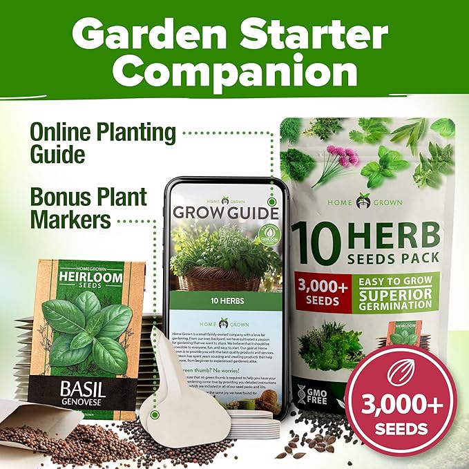 HOME GROWN 10 Herb Seeds for Planting 3,000+ Non-GMO Heirloom Seeds | Extra Large Variety Pack Herb Kit – Indoor Outdoor & Hydroponic | Culinary Seed Set | Grow Your Own Herbs | Gift for Beginners