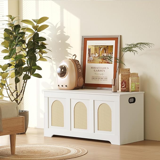 DINZI LVJ Storage Chest, 39.4" Rattan-Like Storage Box with 2 Safety Hinges, Wooden Entryway Shoe Bench with Flip-Top, Trunk for Living Room, Bedroom, Easy Assembly, White and Natural