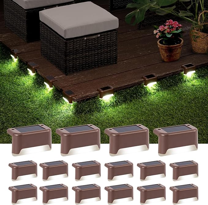 GIGALUMI Solar Deck Lights Outdoor, 16 Pack Waterproof LED Solar Lights for Stairs, Step, Fence, Railing, Yard and Patio (Cool White)