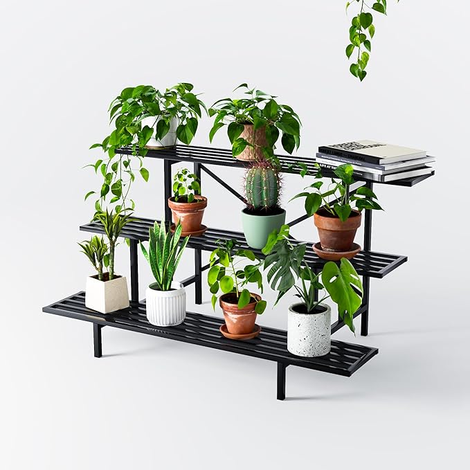 Zhongma 3 Tier Sturdy Metal Plant Stand, L45.67 x W26 x H23.6 inch, Heavy Duty Plant Holder for Home Indoor and Outdoor, 660 LBS Capacity & Heavy Duty Construction