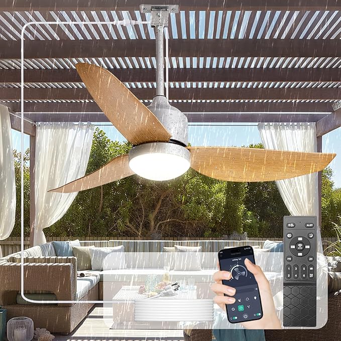 Depuley Outdoor Ceiling Fan with Light: 42 Inch Nickel Waterproof Gazebo Fans with Lights Outdoor Hanging - Plug in Remote App Control for Patio Indoor Farmhouse Porch - 6 Speed Reversible DC Motor
