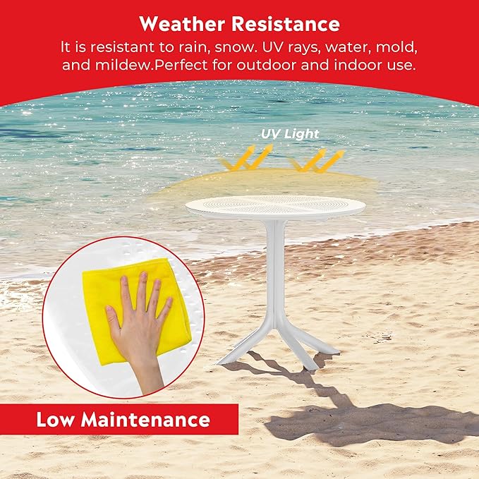 Costaelm Small Patio Table, Outdoor Round Dining Table, Weather Resistant Outside Table for Poolside Deck Lawn Garden Backyard, White
