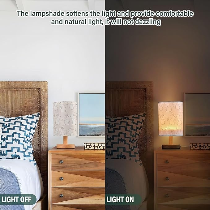 Table Lamp White Bunny Rabbits Pattern Nightstand Lamp with Wood Base Fabric Lamp Shade Bedside Desk Lamp for Living Room Bedroom Kids Room Office